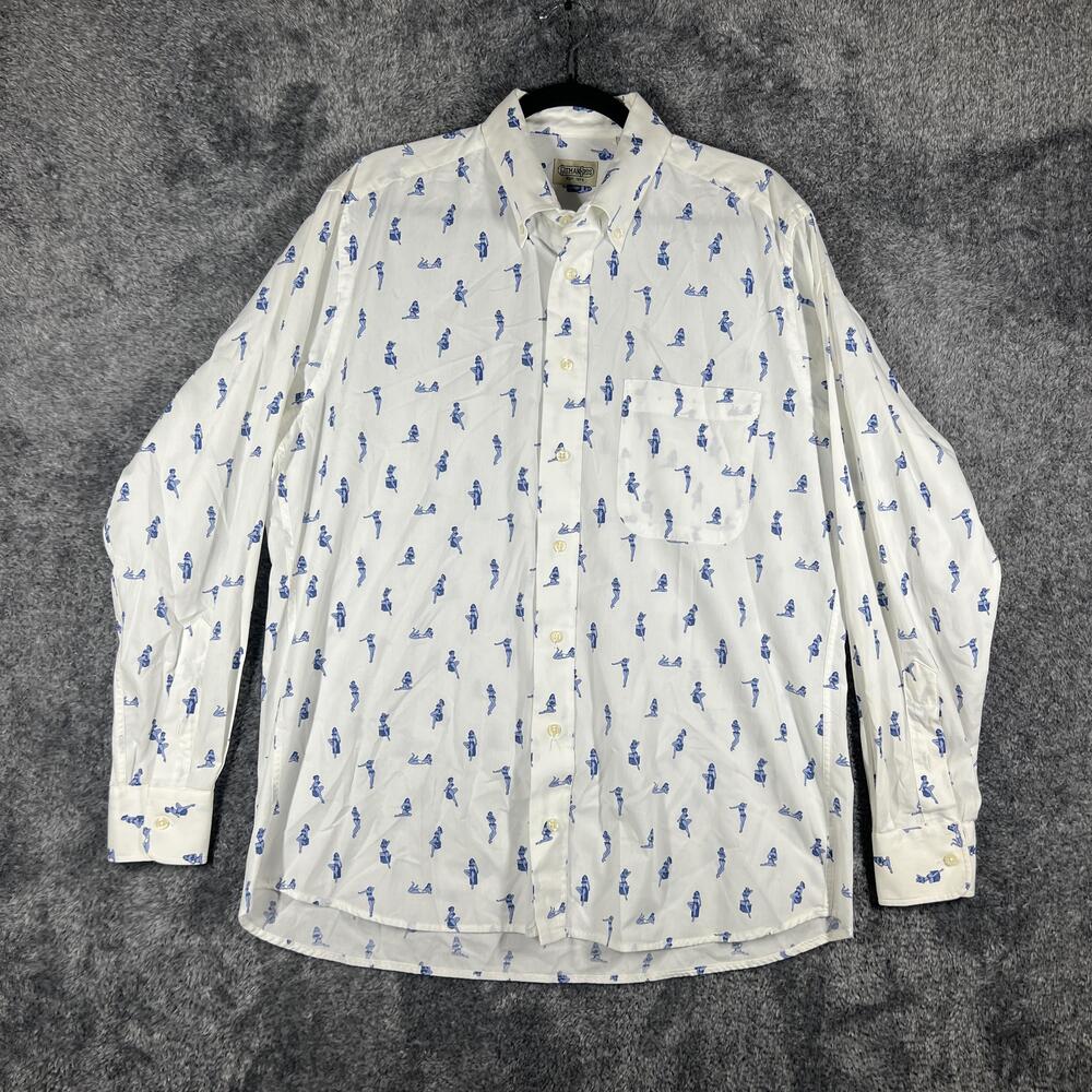 Gitman Bros Shirt Mens L White Long Sleeve Button Up Pocket Cotton Pinup Print